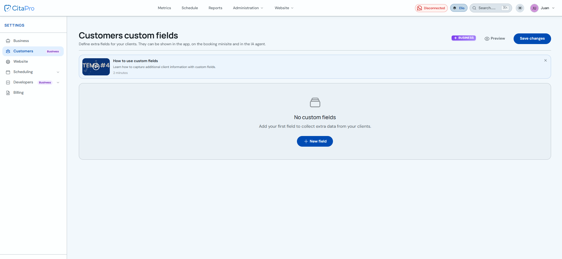 Client custom fields screen with New field button