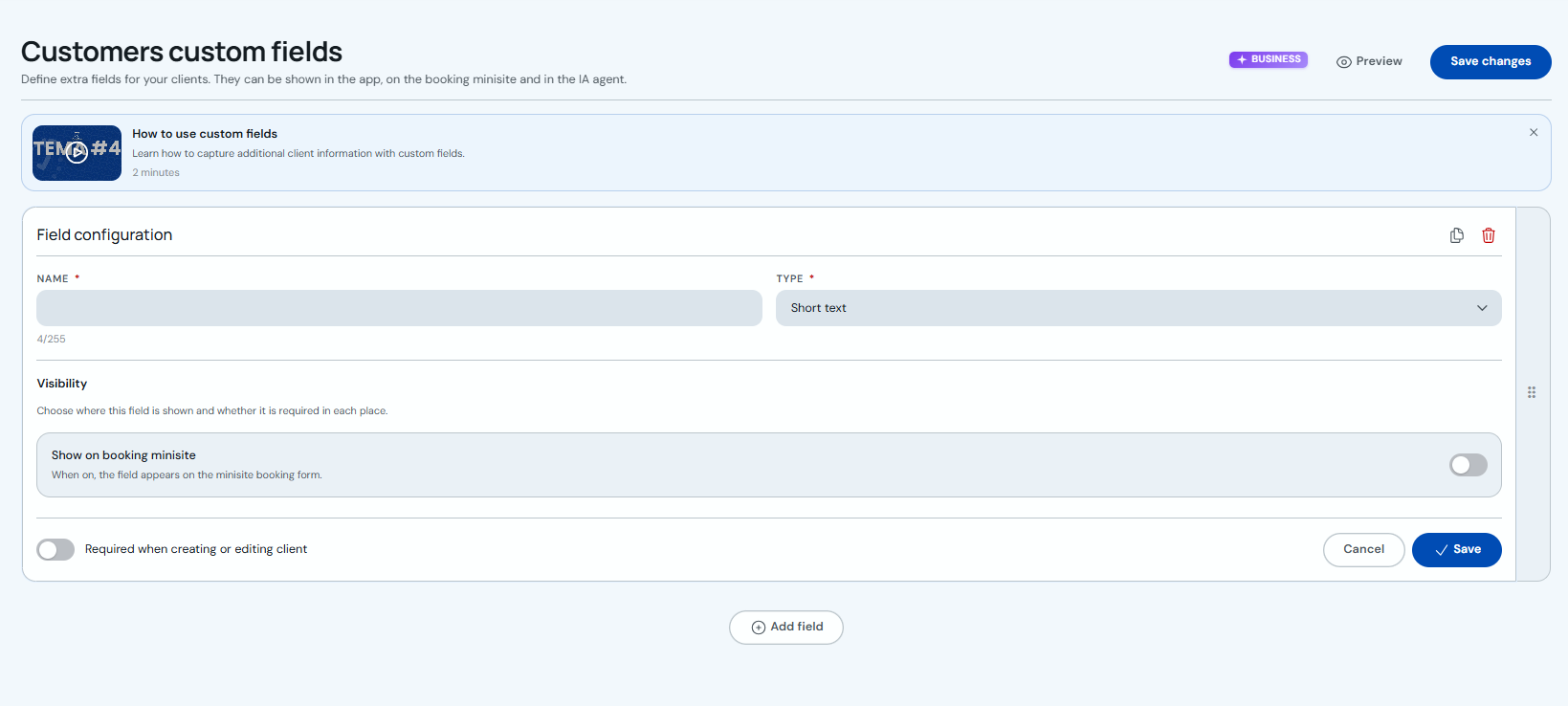 Client custom field configuration