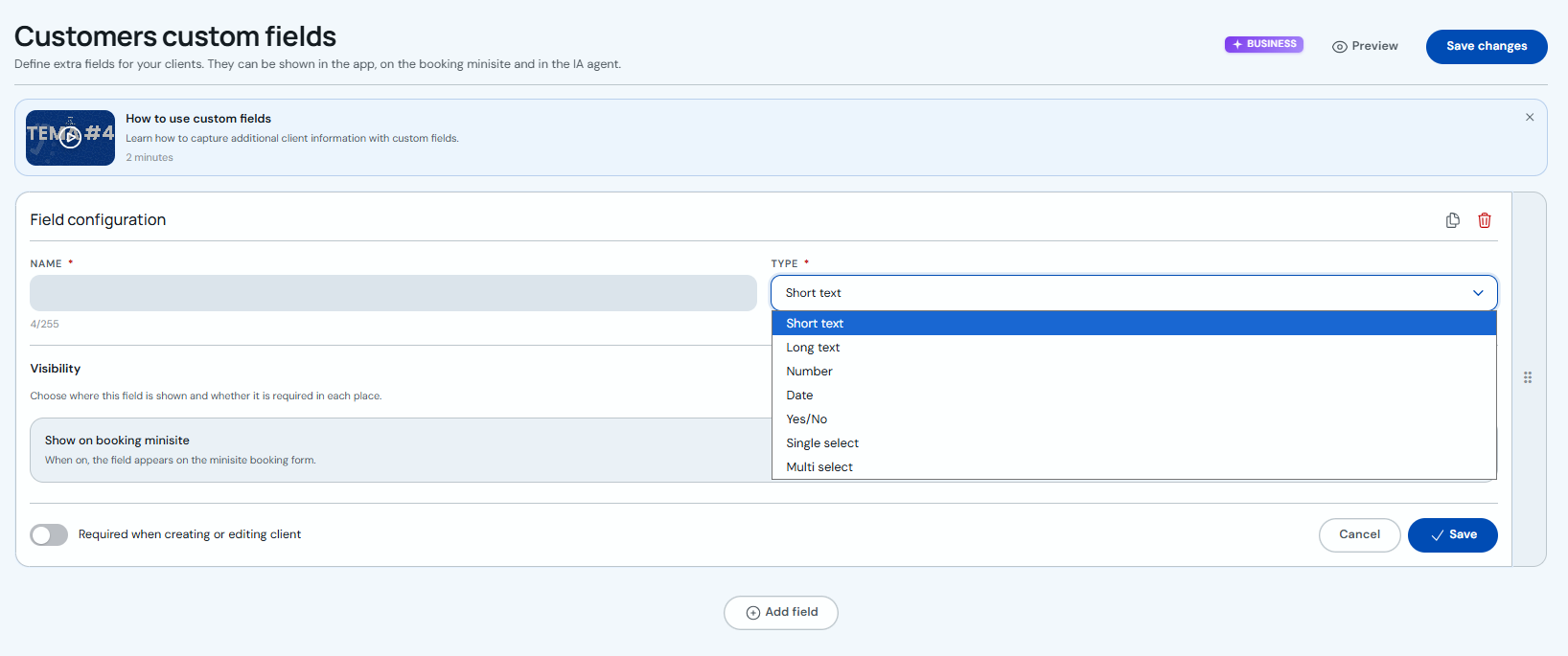 Available field types for clients
