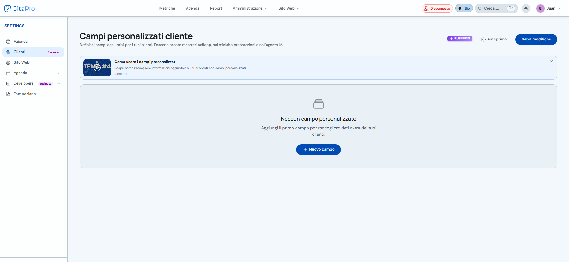 Schermata campi personalizzati cliente con pulsante Nuovo campo