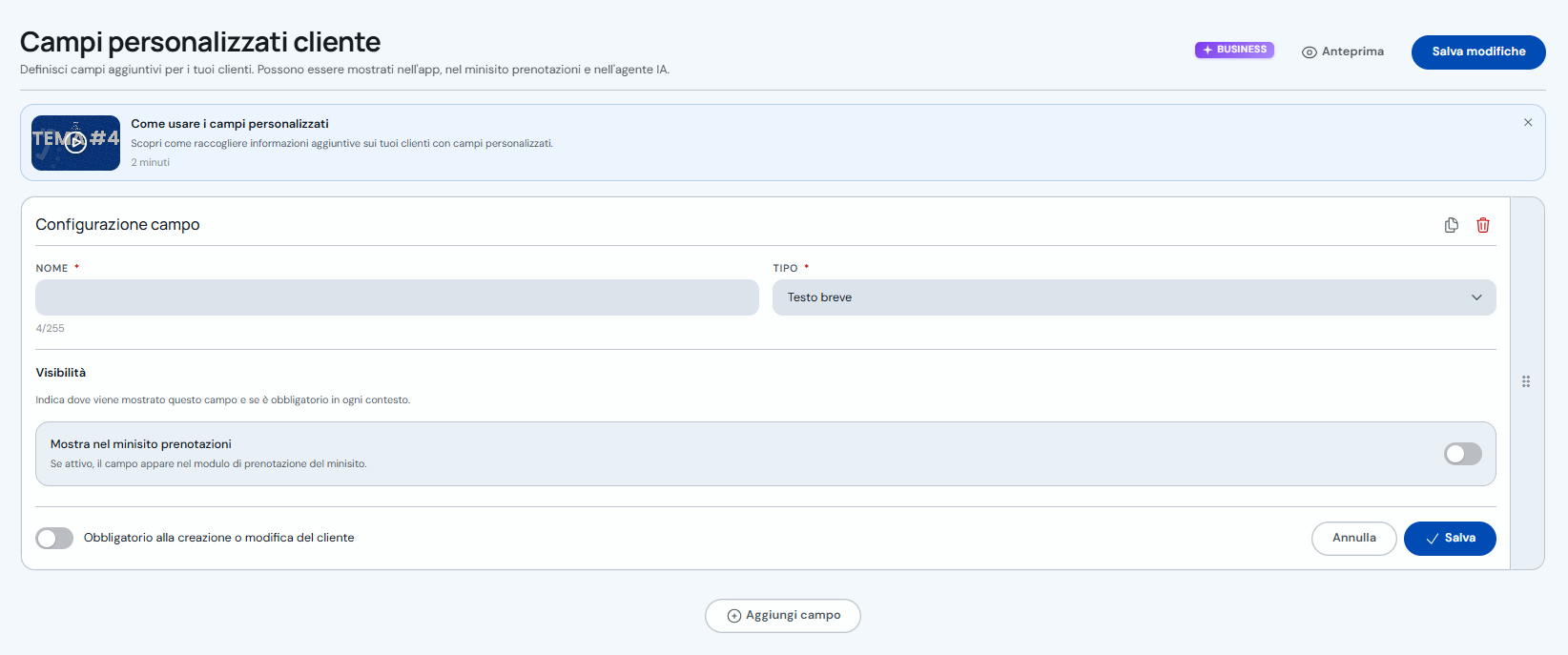 Configurazione di un campo personalizzato cliente