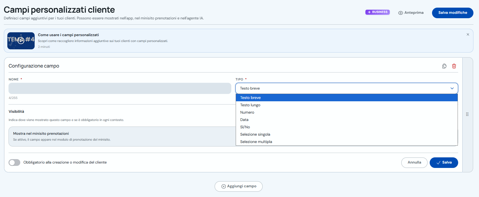 Tipi di campo disponibili per i clienti