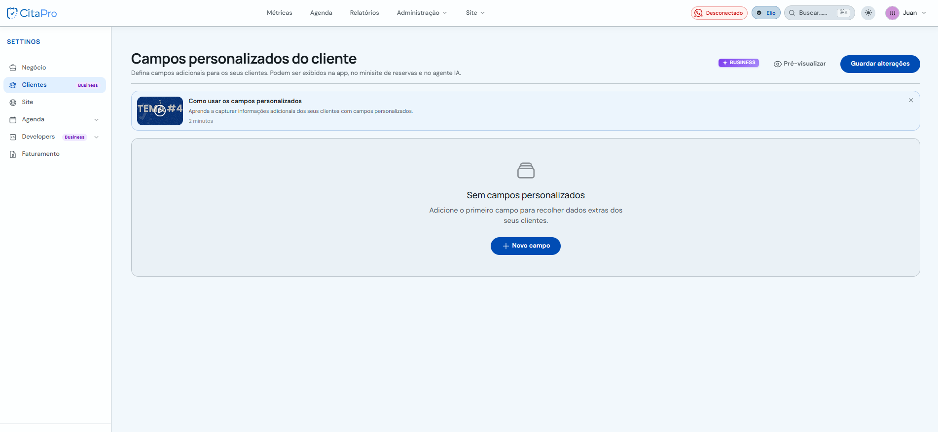 Tela de campos personalizados de cliente com botão Novo campo