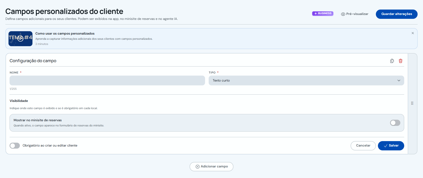 Configuração de um campo personalizado de cliente