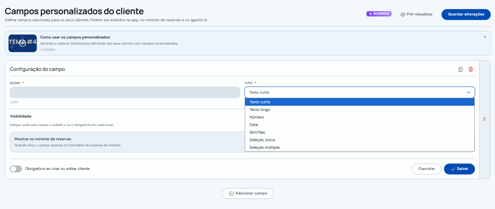 Tipos de campo disponíveis para clientes