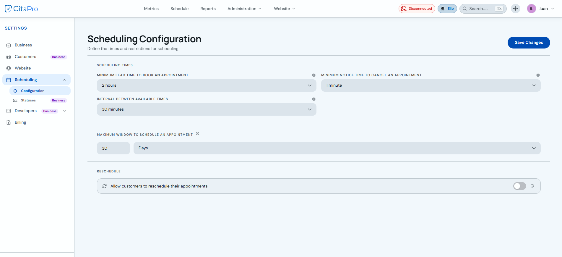 Scheduling Configuration screen with times, margins and rescheduling