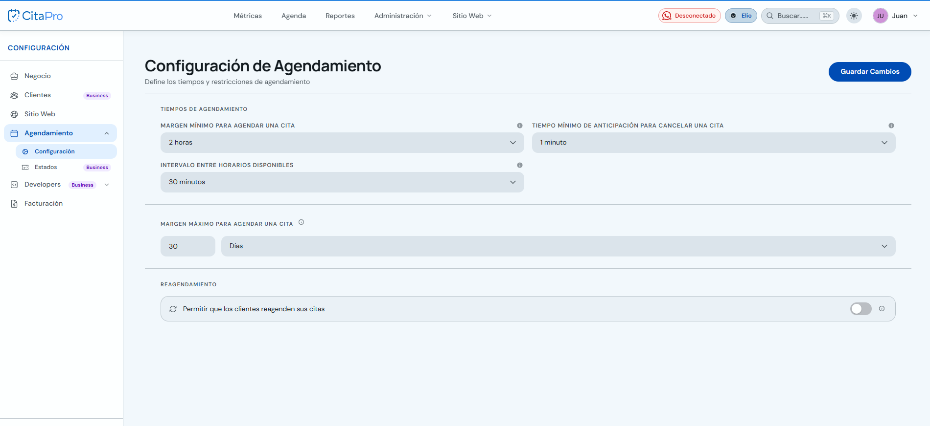 Pantalla Configuración de Agendamiento con tiempos, márgenes y reagendamiento