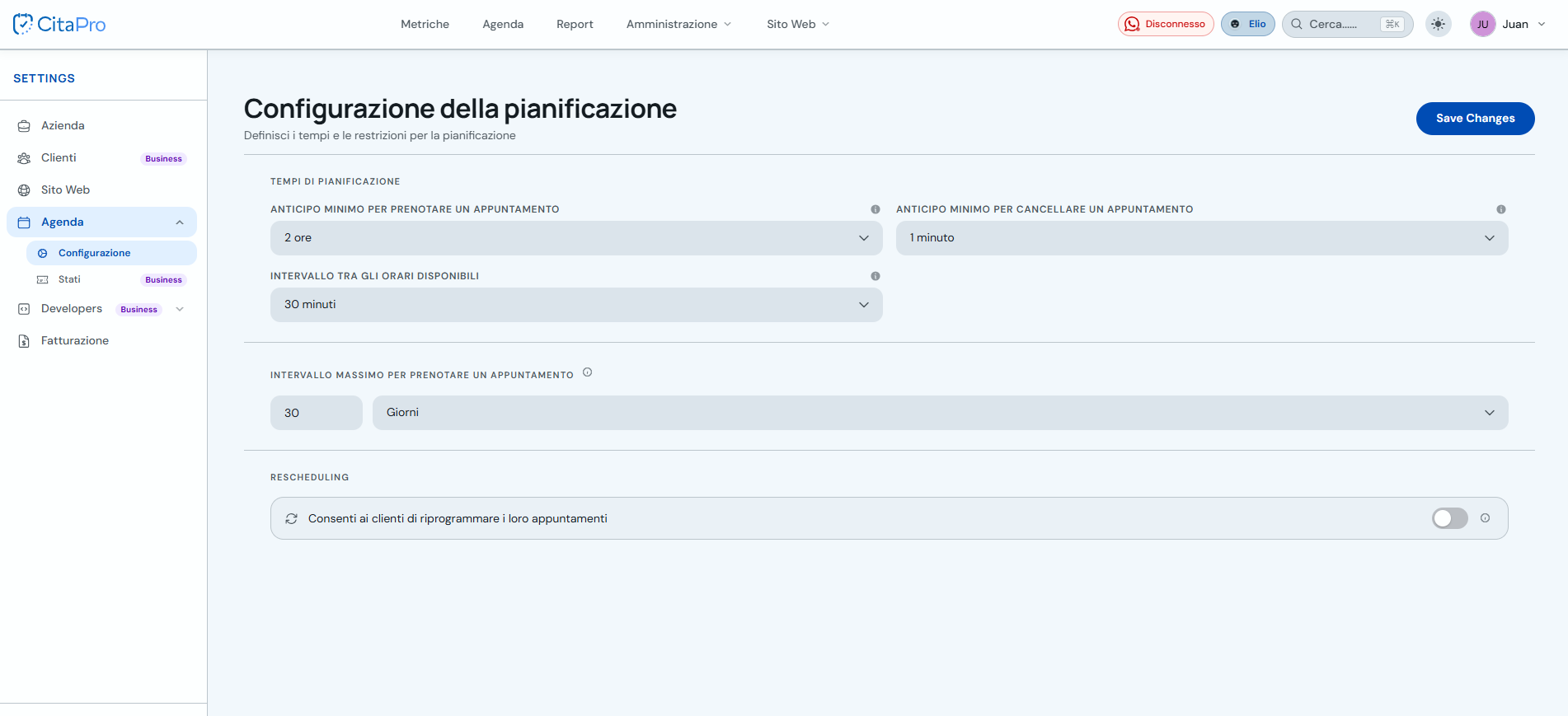 Schermata Configurazione agendamento con tempi, margini e riprogrammazione