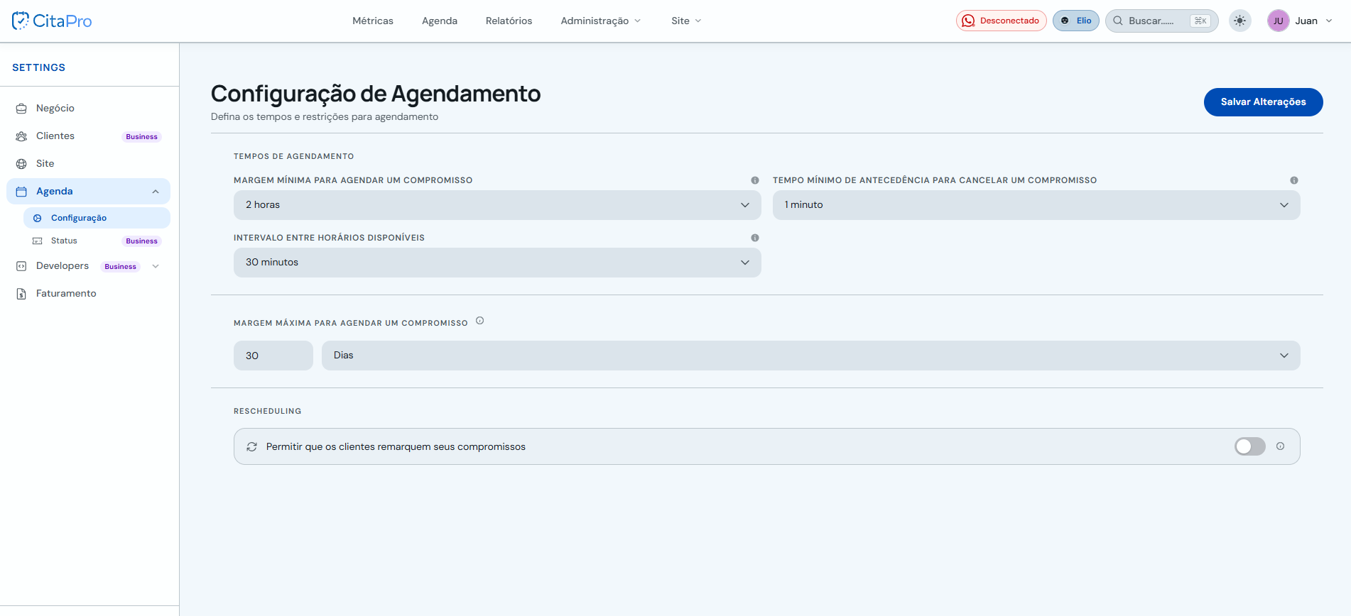 Tela Configuração de Agendamento com tempos, margens e reagendamento