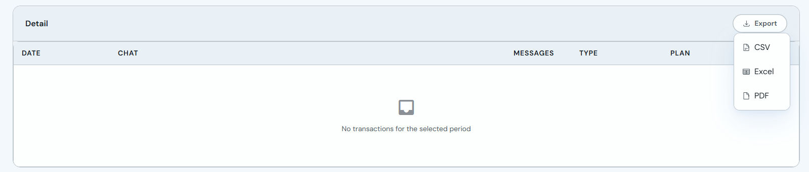 Export menu with CSV, Excel and PDF options in AI Agent statistics