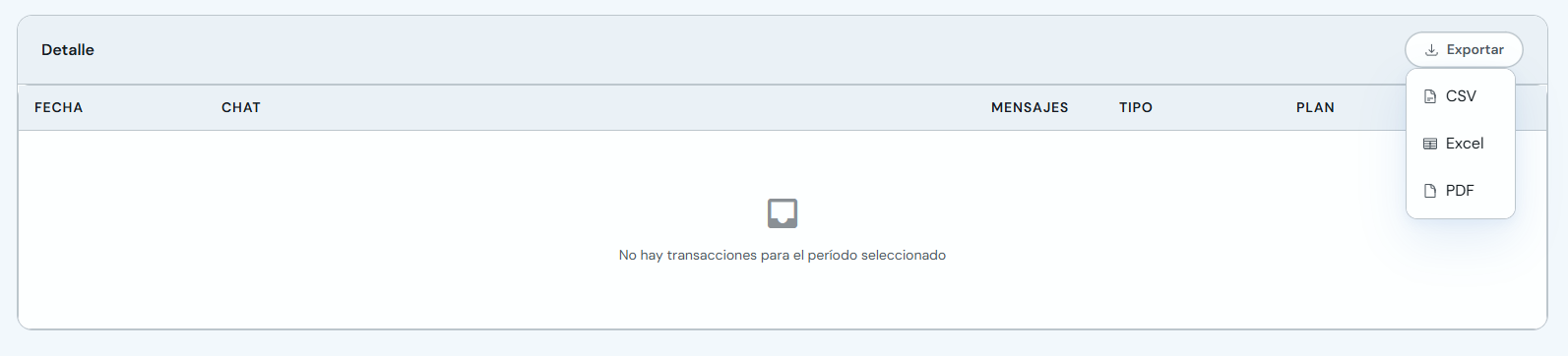 Menú Exportar con opciones CSV, Excel y PDF en estadísticas del Agente IA