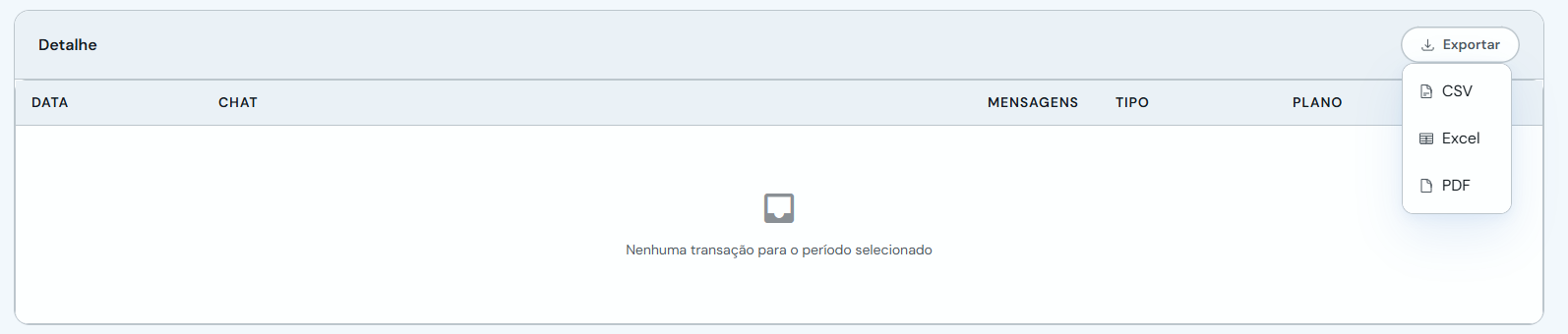 Menu Exportar com opções CSV, Excel e PDF nas estatísticas do Agente IA