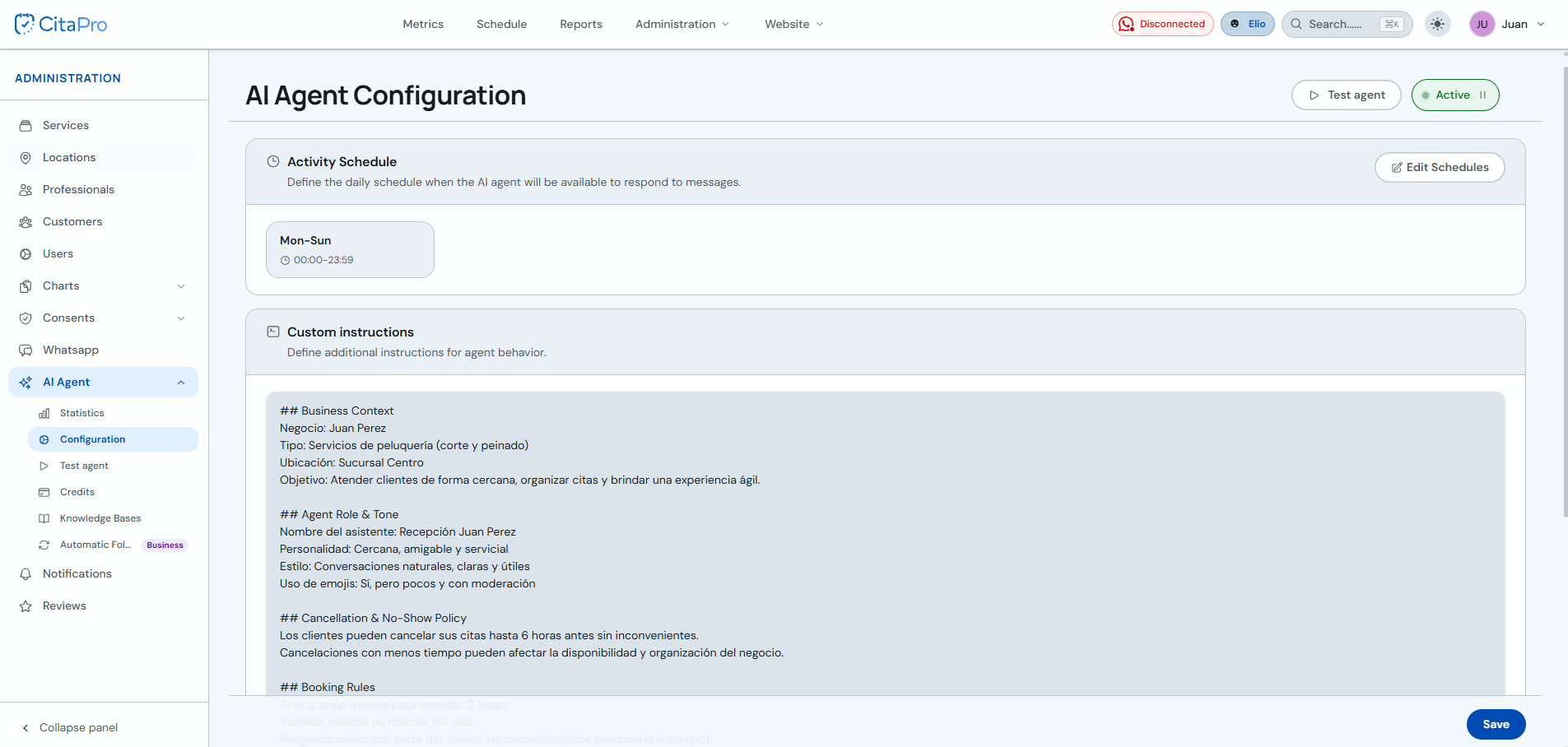 AI Agent Configuration with activity schedule and custom instructions