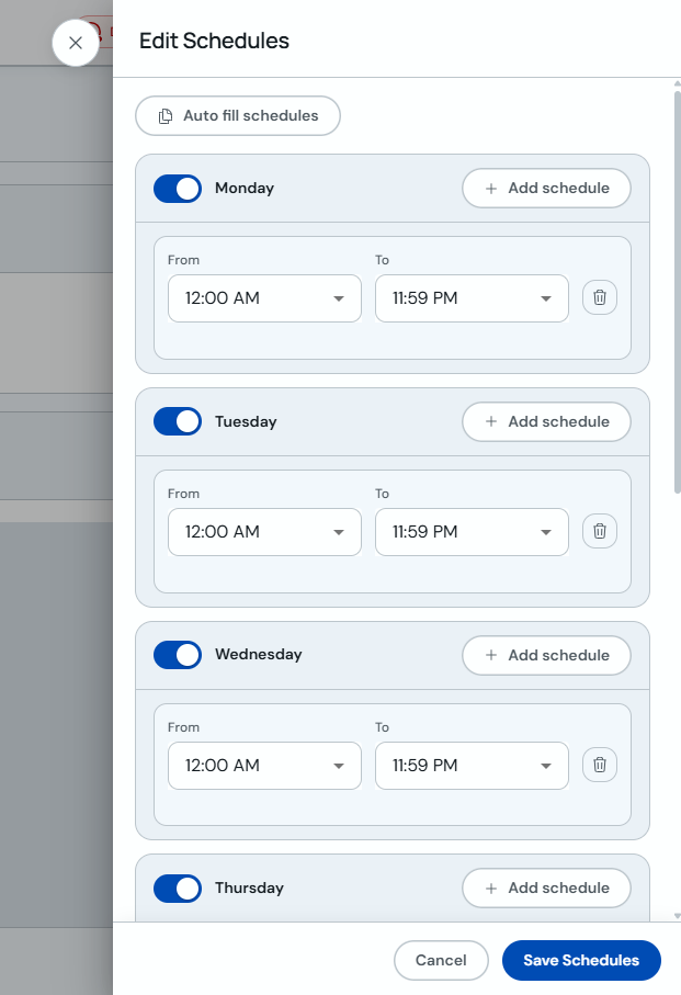 Edit Schedules modal with weekdays and time ranges