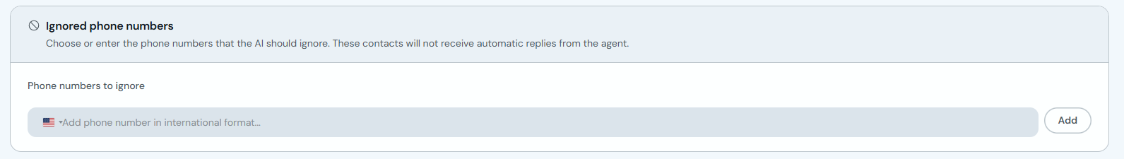 Ignored numbers section with field to add phone numbers