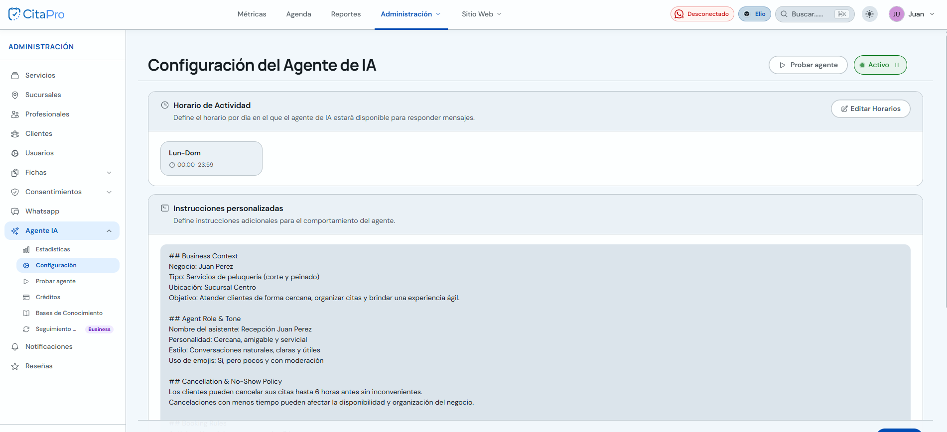 Configuración del Agente de IA con horario de actividad e instrucciones personalizadas