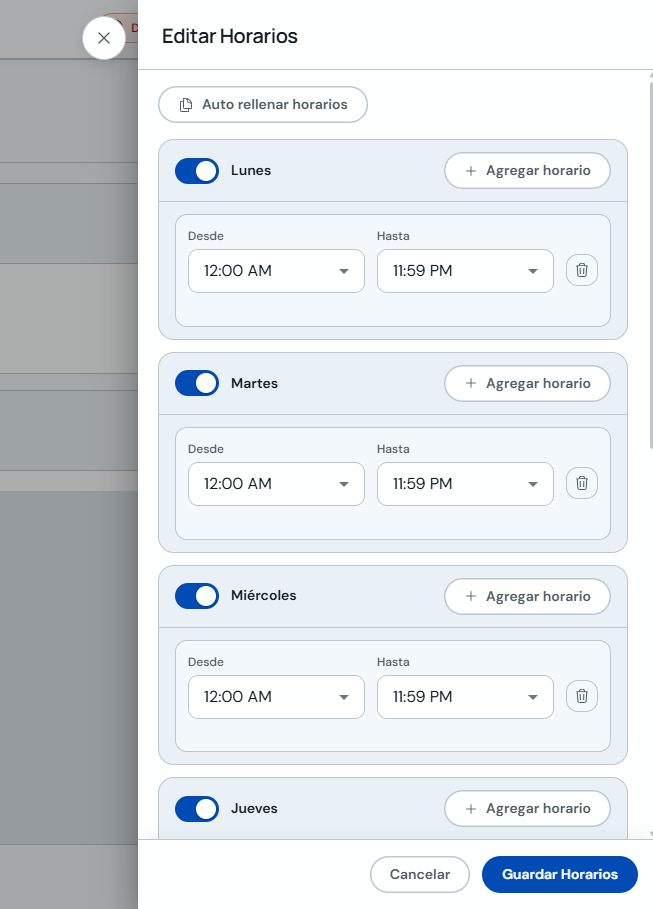 Modal Editar Horarios con días de la semana y rangos horarios