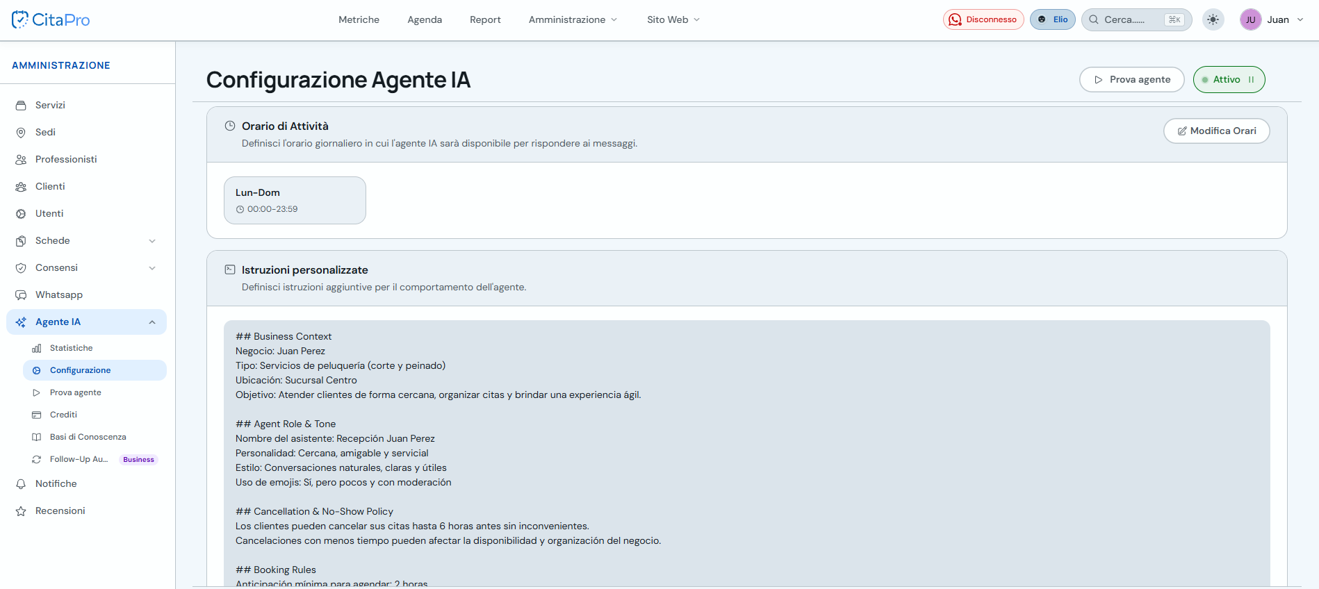 Configurazione agente IA con orario di attività e istruzioni personalizzate
