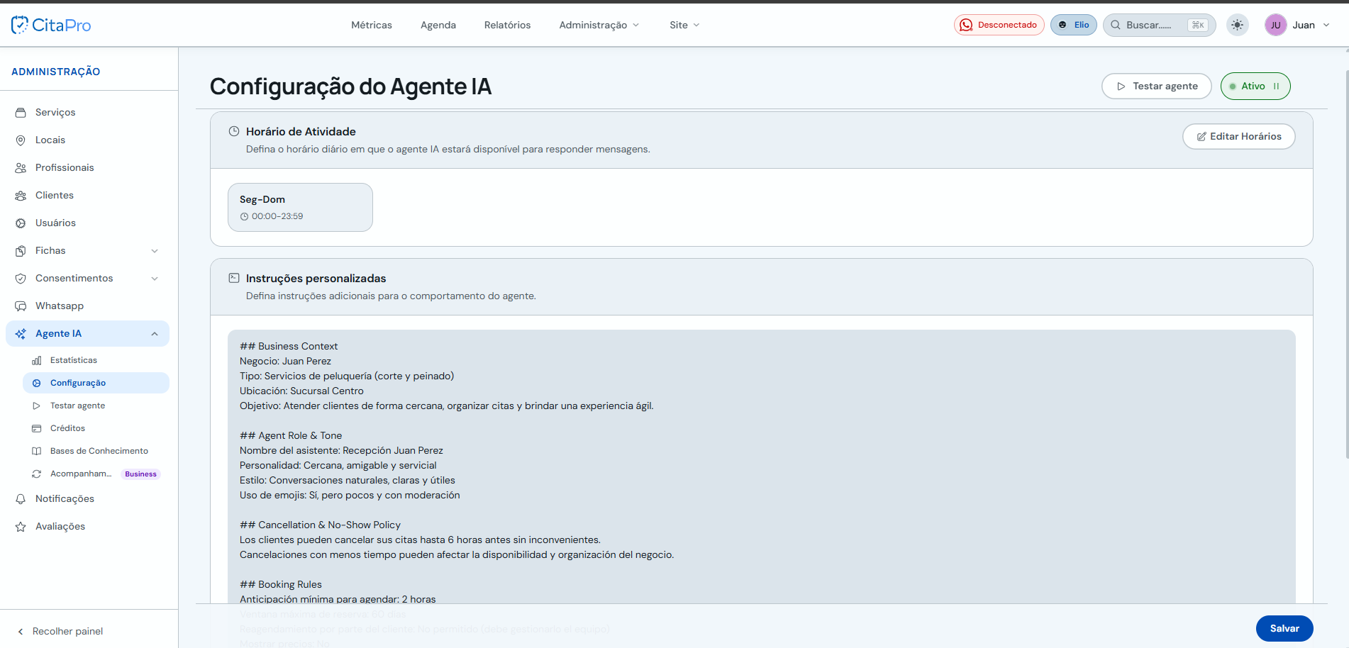Configuração do Agente de IA com horário de atividade e instruções personalizadas
