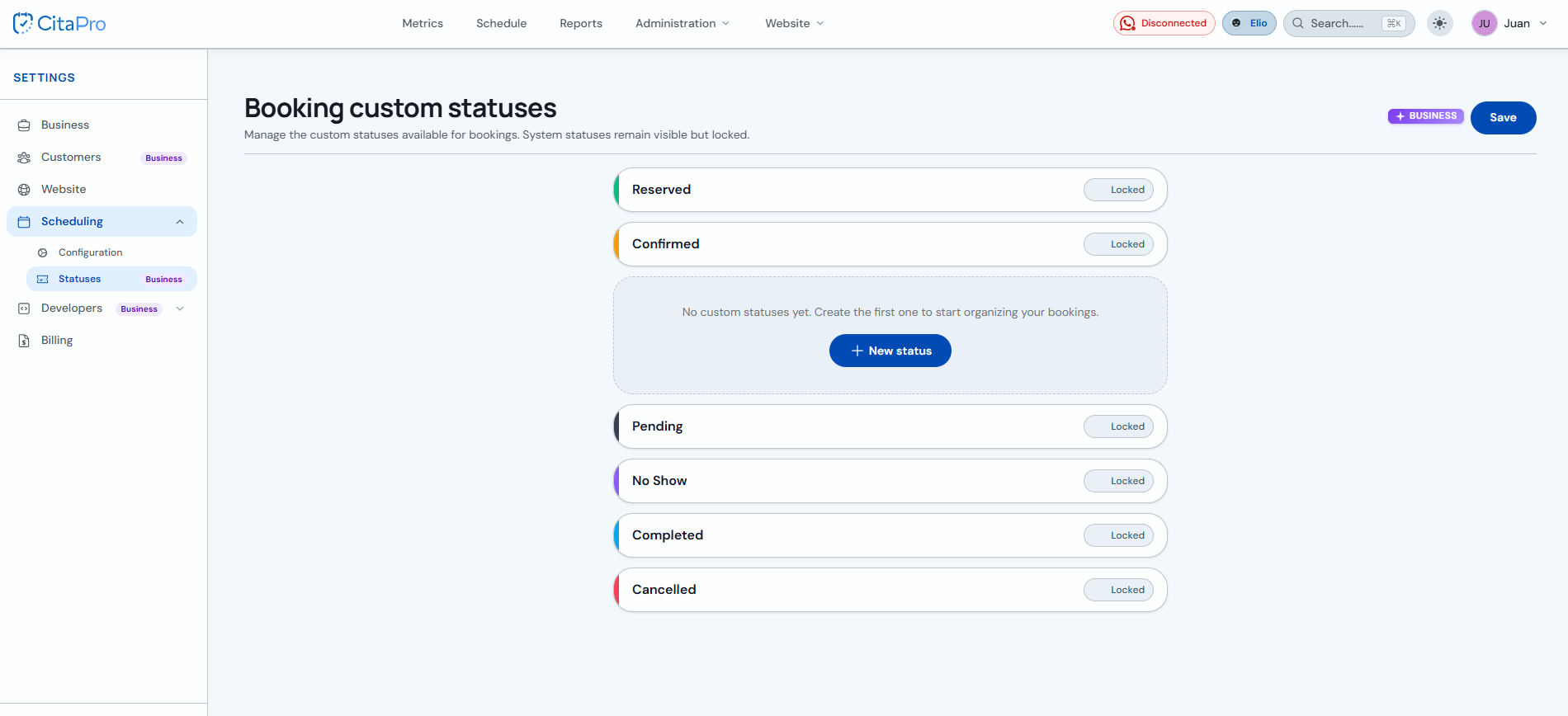 Booking status list with locked system statuses and New status button