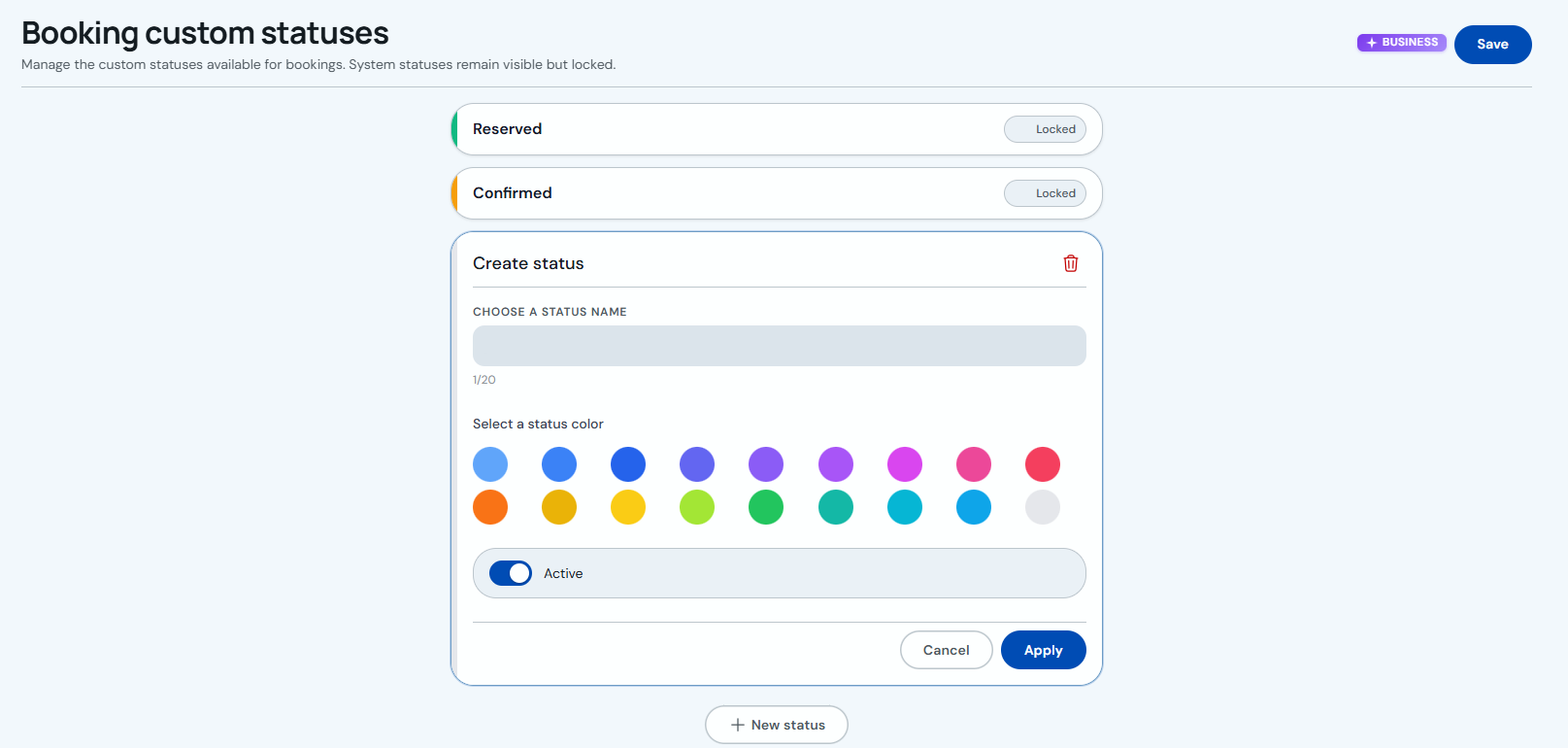 Create status form with name, color picker and Apply and Save buttons