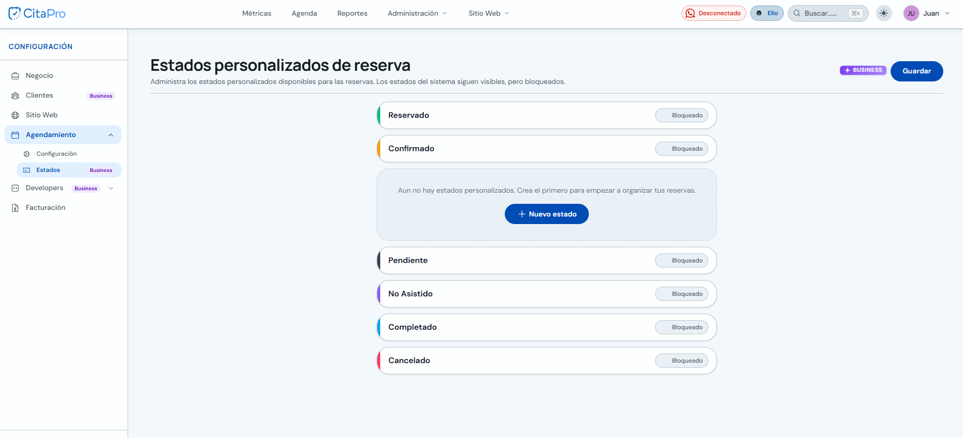 Lista de estados de reserva con estados del sistema bloqueados y botón Nuevo estado