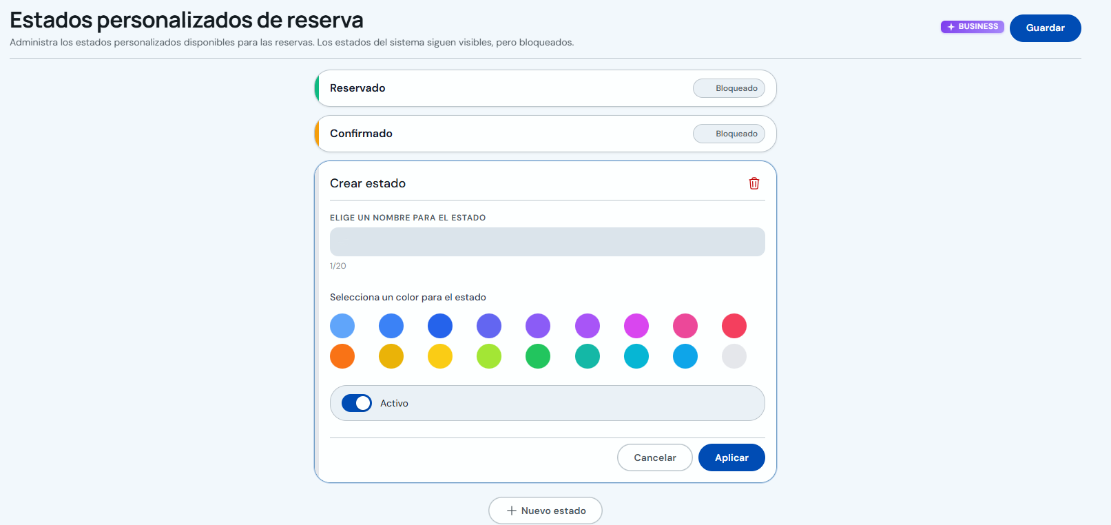 Formulario Crear estado con nombre, selector de color y botones Aplicar y Guardar