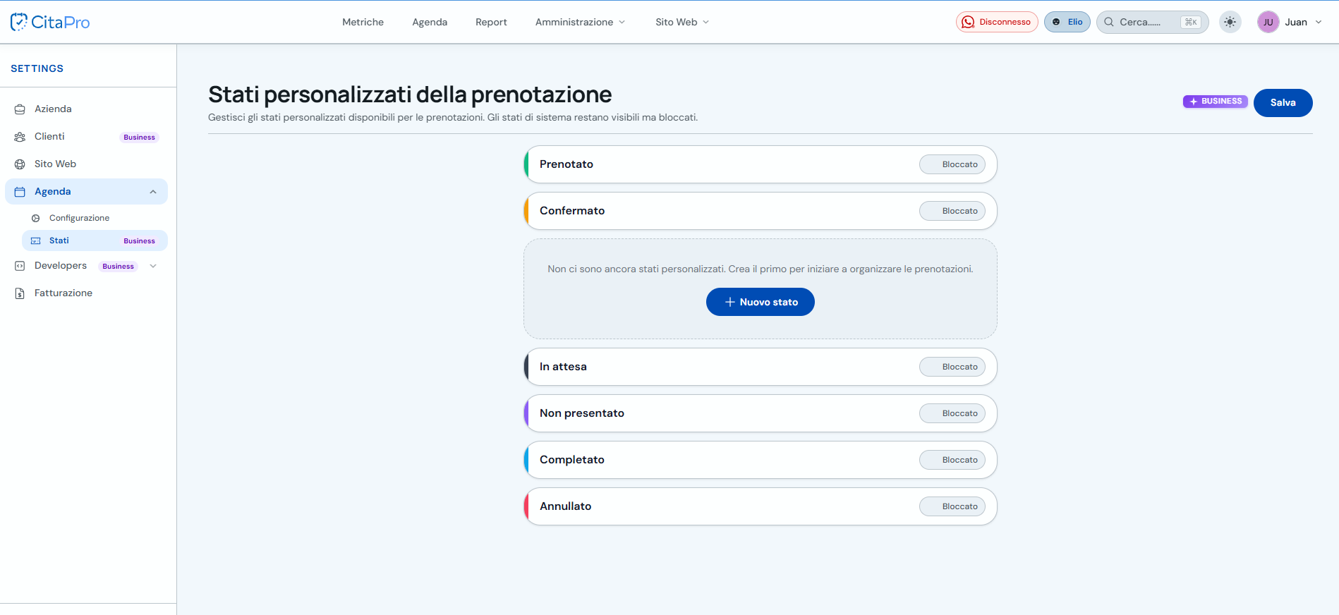 Elenco stati prenotazione con stati di sistema bloccati e pulsante Nuovo stato
