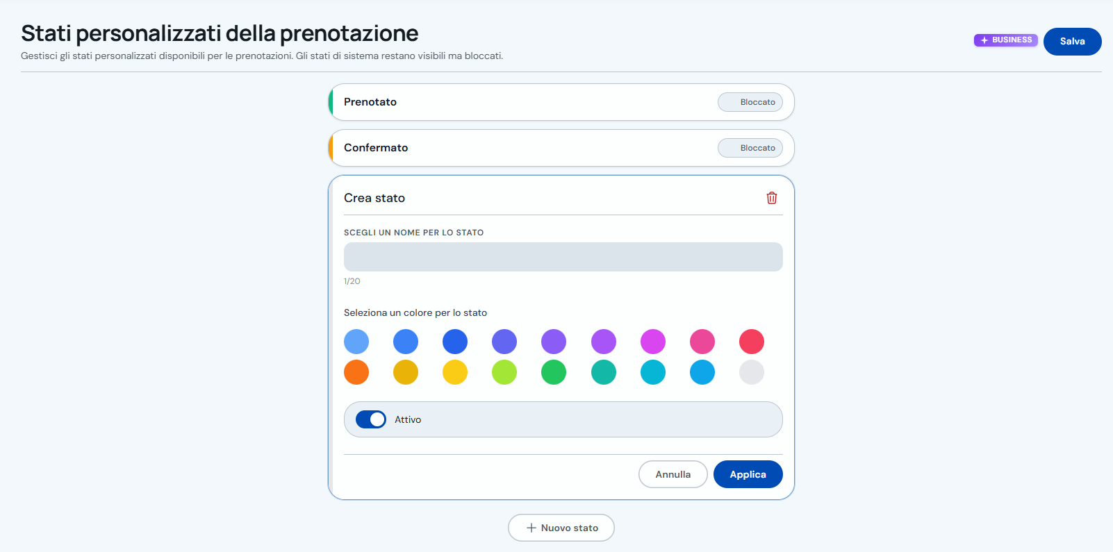 Modulo Crea stato con nome, selettore colore e pulsanti Applica e Salva