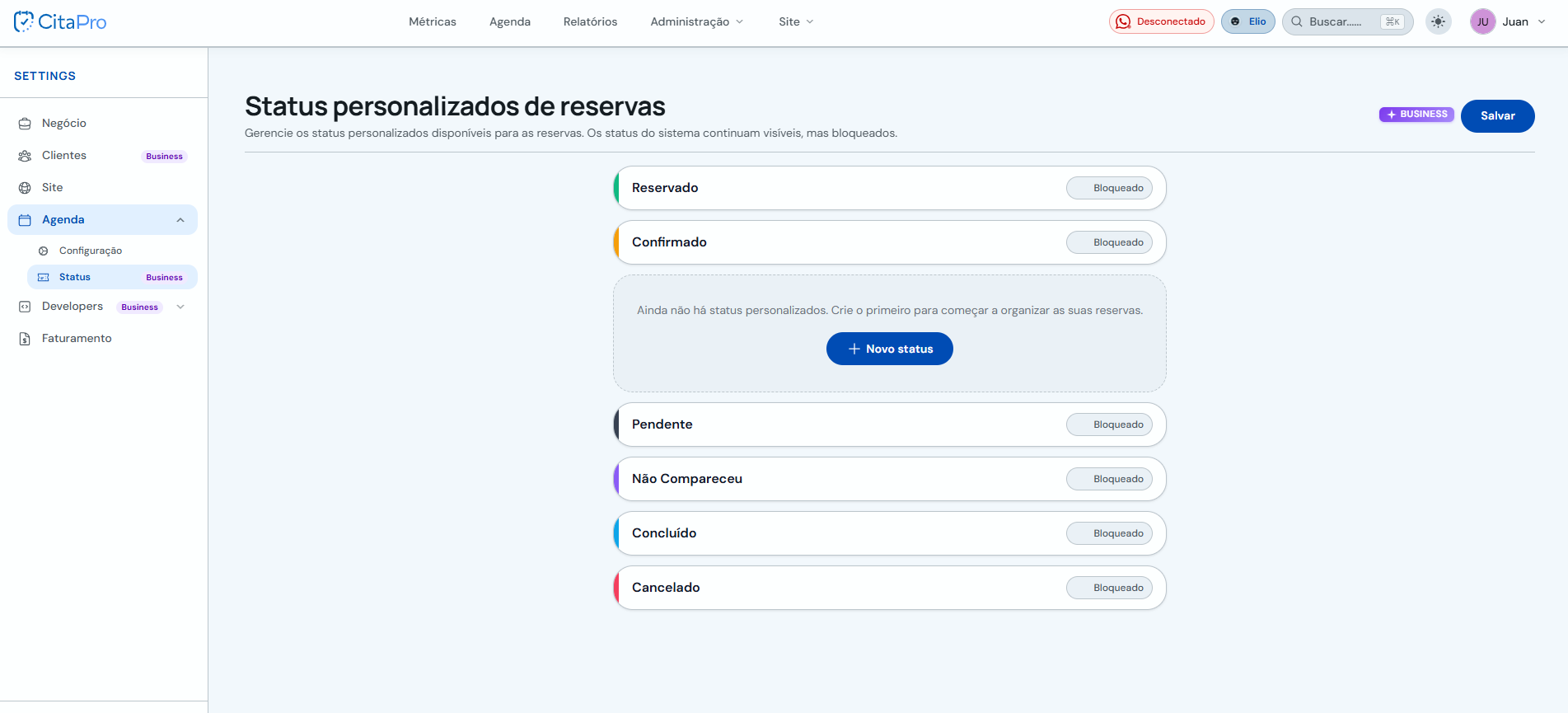 Lista de status de reserva com status do sistema bloqueados e botão Novo status