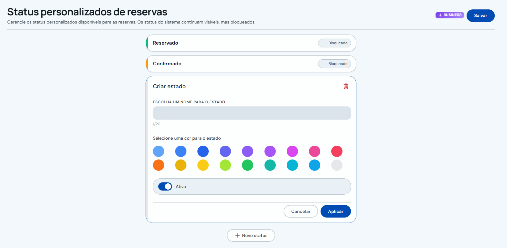 Formulário Criar status com nome, seletor de cor e botões Aplicar e Salvar