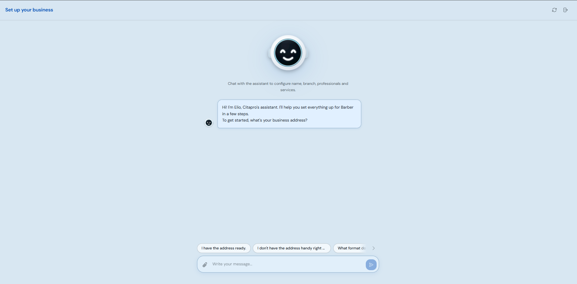 Elio assistant starting the business setup