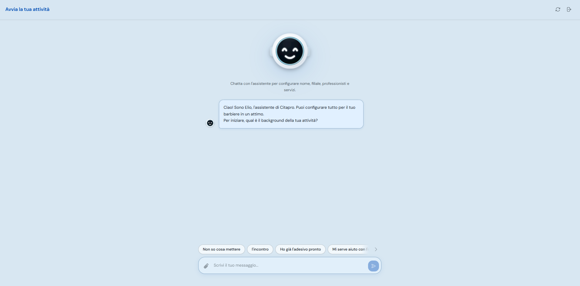 Assistente Elio che avvia la configurazione dell'attività