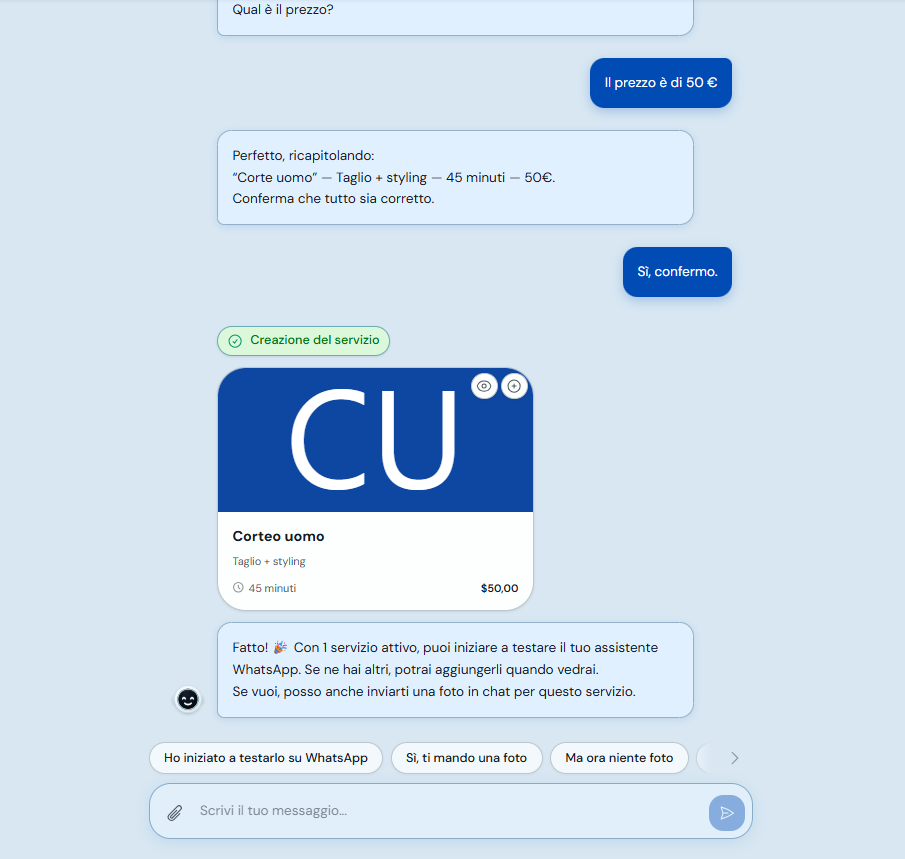 Primo servizio creato durante la configurazione dell'attività