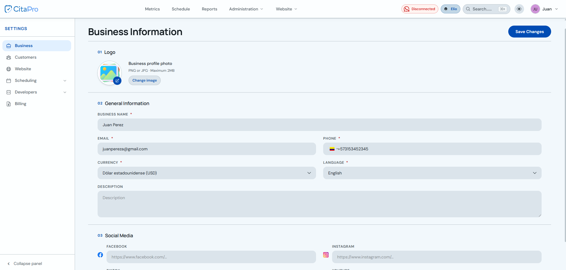 Business settings form in CitaPro