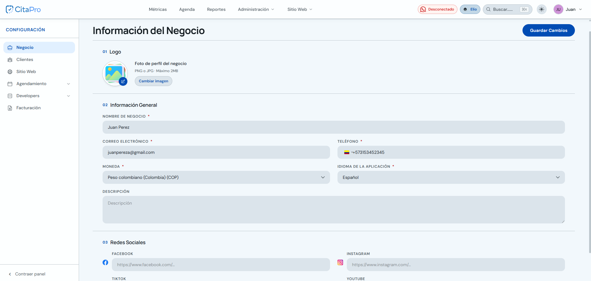 Formulario de configuración del negocio en CitaPro