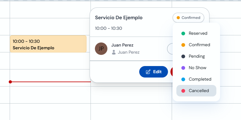 Appointment status menu with the Cancelled option