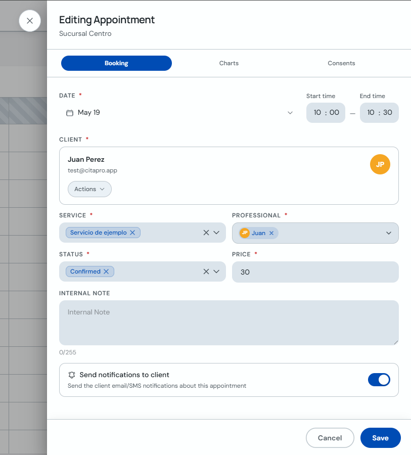 Editing Appointment panel to change date and time