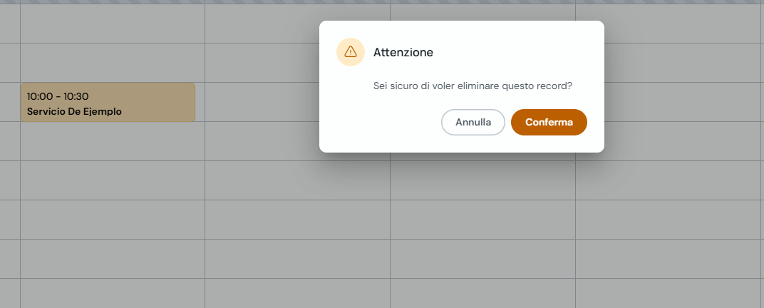Modale di conferma per eliminare il record dell'appuntamento