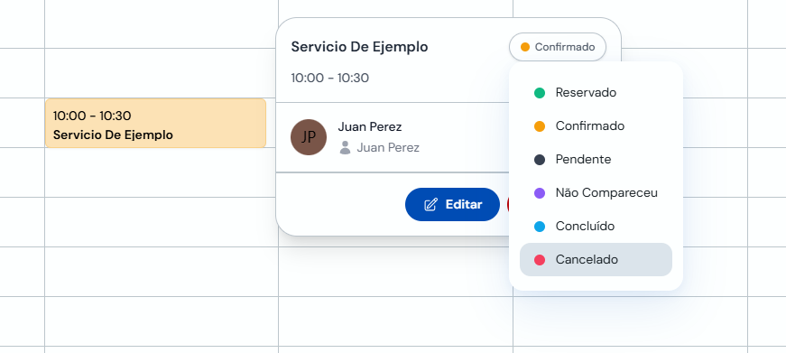 Menu de status da consulta com a opção Cancelado