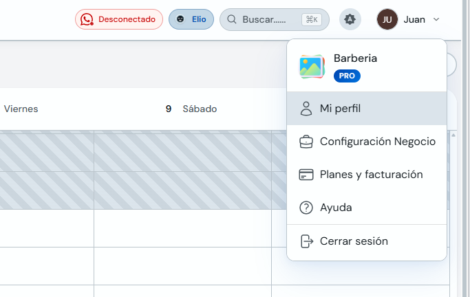 Menú de usuario con la opción Mi perfil