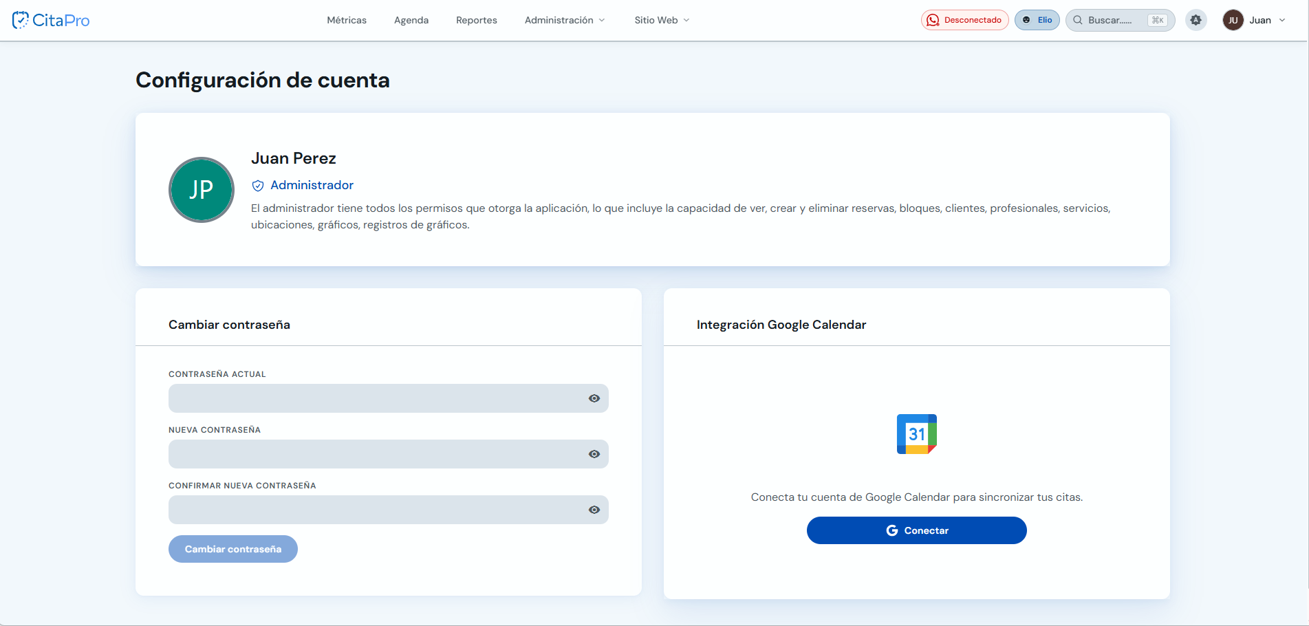 Configuración de cuenta con formulario para cambiar contraseña