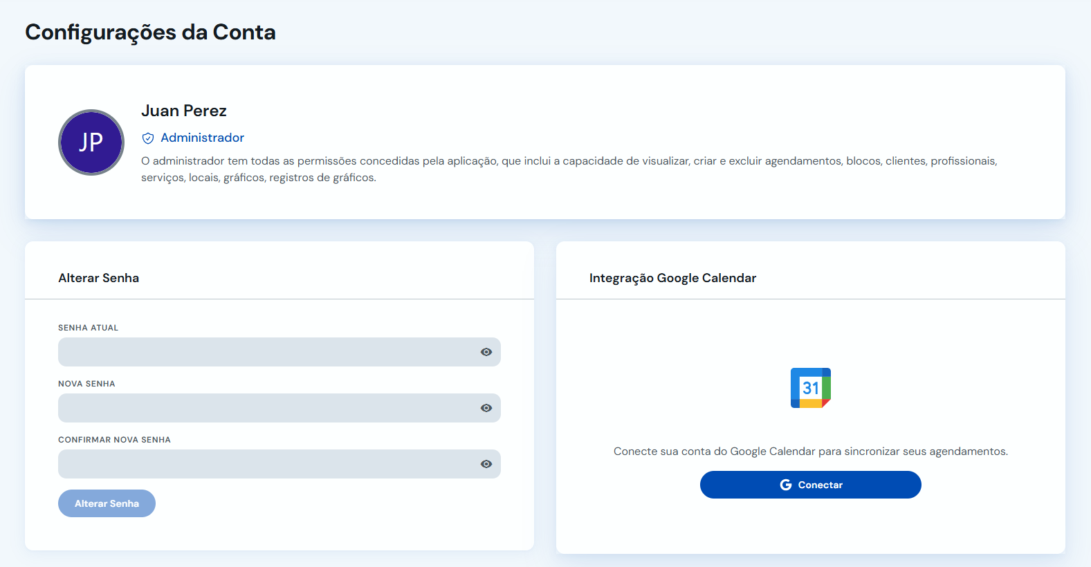 Configurações da conta com formulário para alterar senha