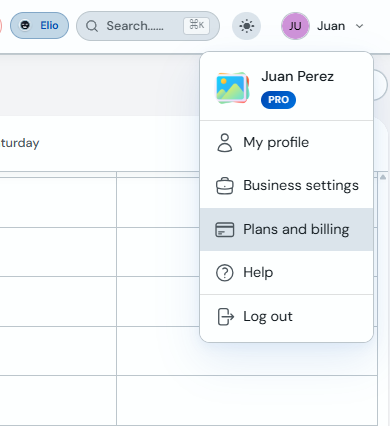 User menu with the Plans and billing option
