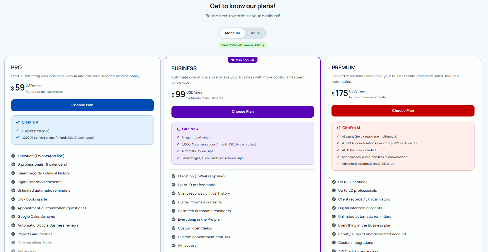 CitaPro plans screen with monthly and annual options