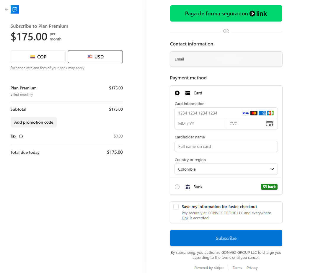 Payment form to subscribe to a CitaPro plan