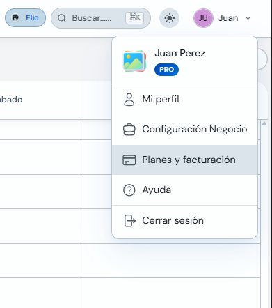 Menú de usuario con la opción Planes y facturación