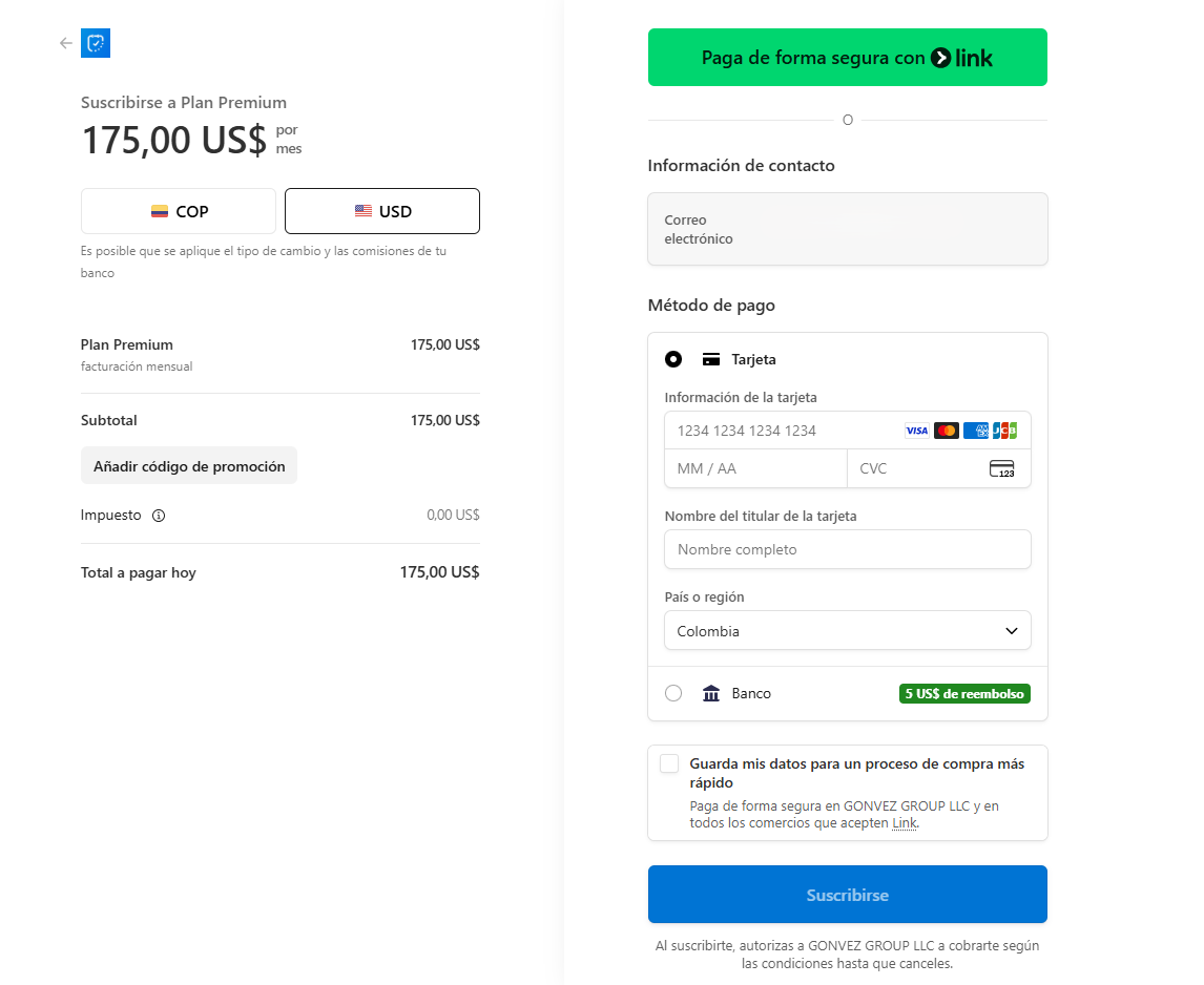 Formulario de pago para suscribirse a un plan de CitaPro