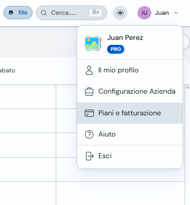 Menu utente con l'opzione Piani e fatturazione