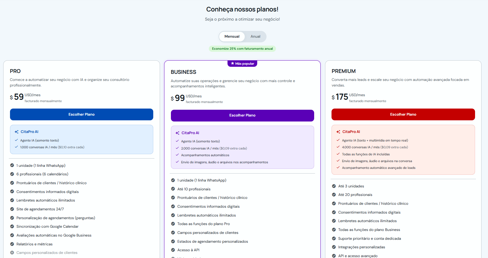 Tela de planos do CitaPro com opções mensal e anual